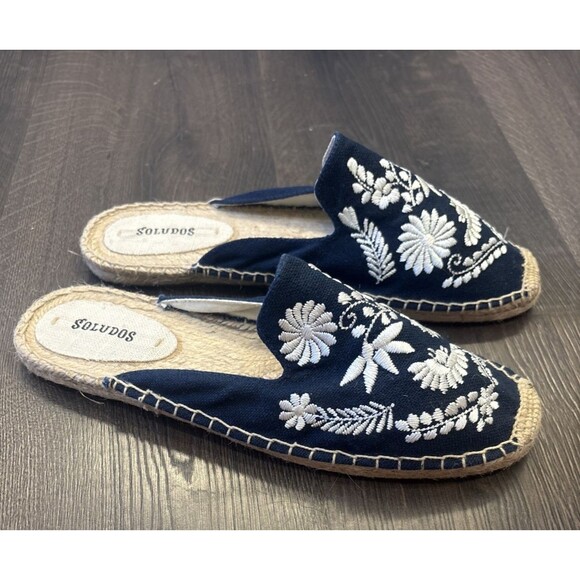 Soludos Floral Espadrilles Blue White Size 10 Flats Mules Boho Embroidered - Picture 2 of 8